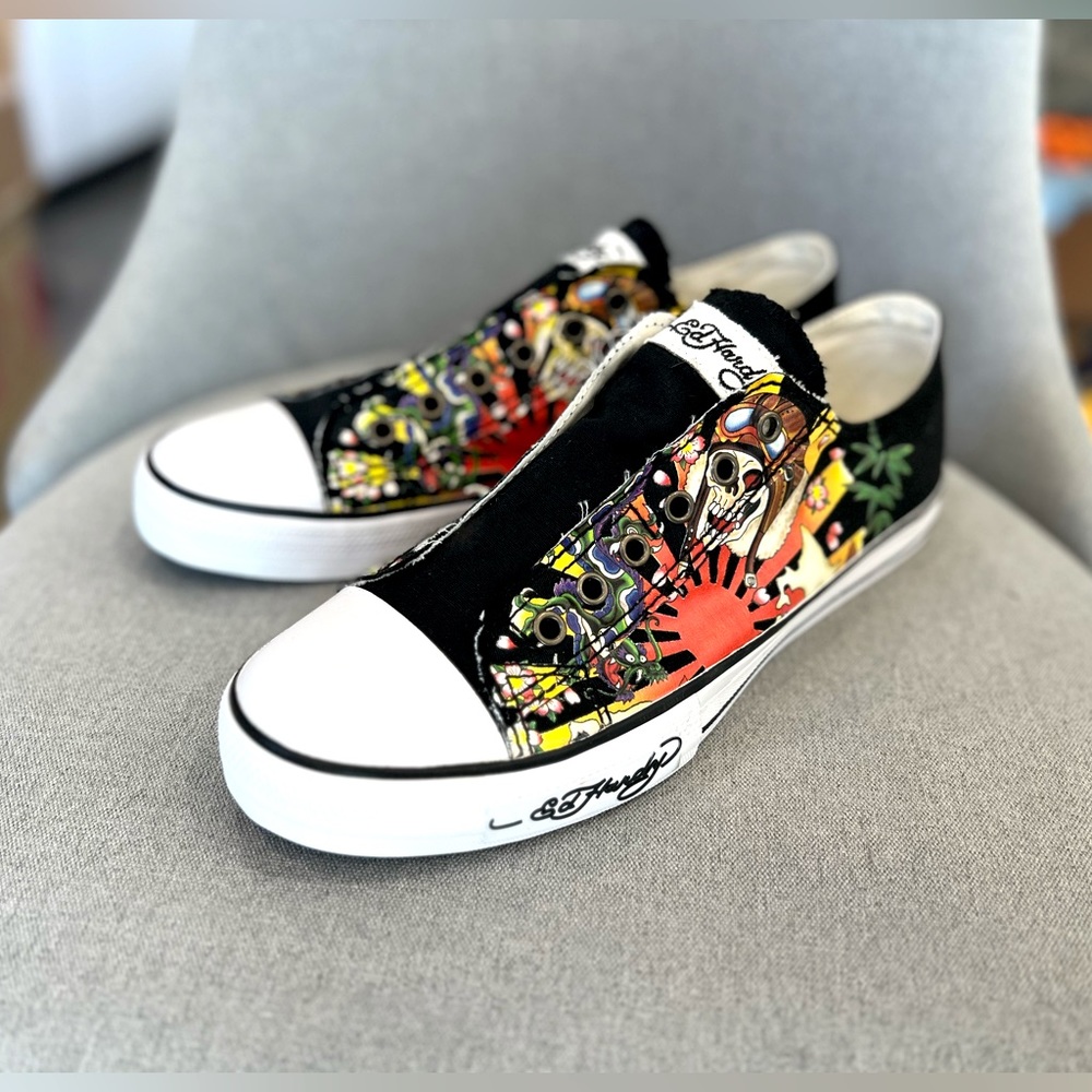 Ed Hardy Men’s Laceless Slip On Sneakers, Skull, New, Black and White